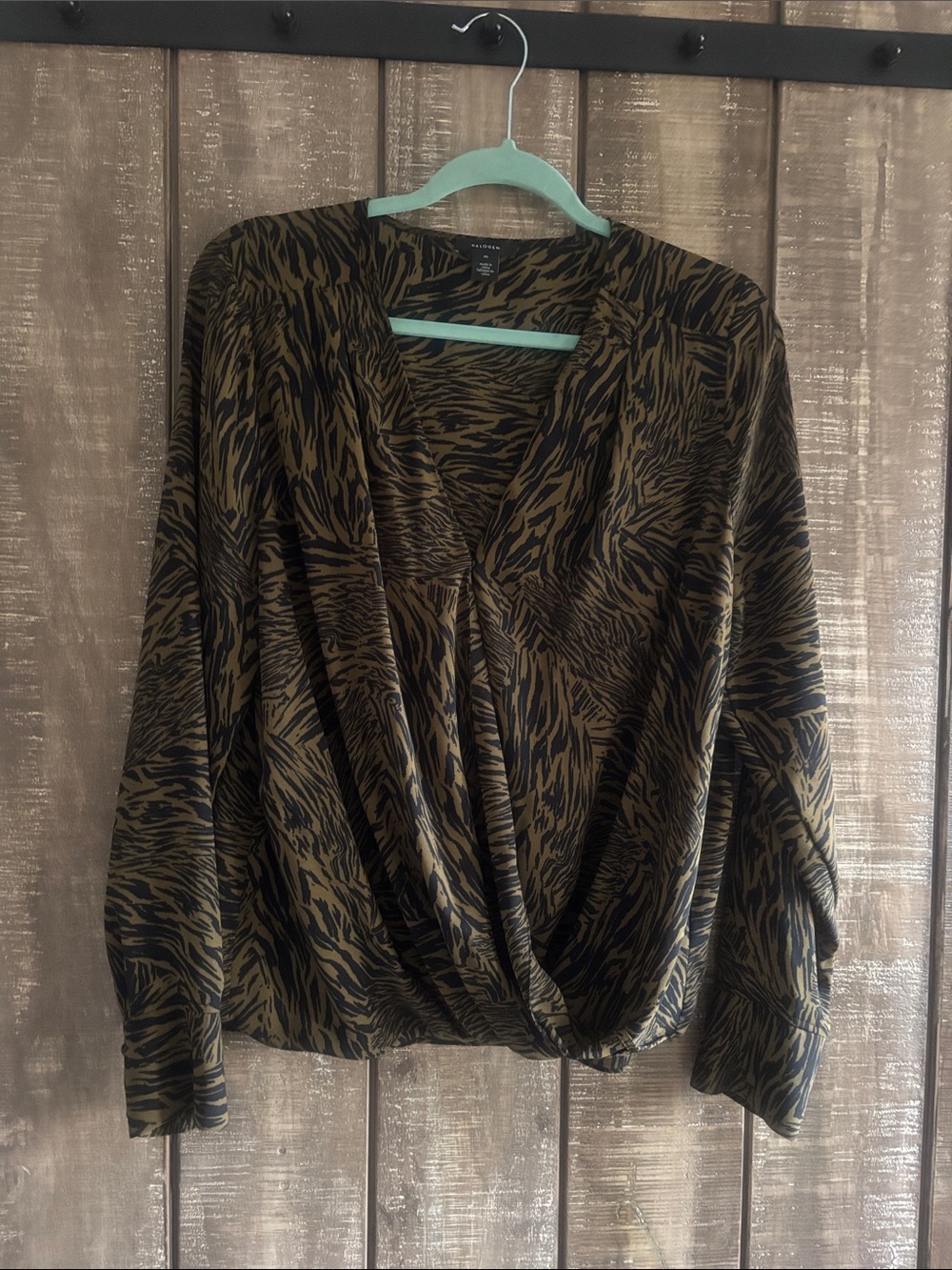 Halogen Olive Green and Black Animal Print Wrap Blouse